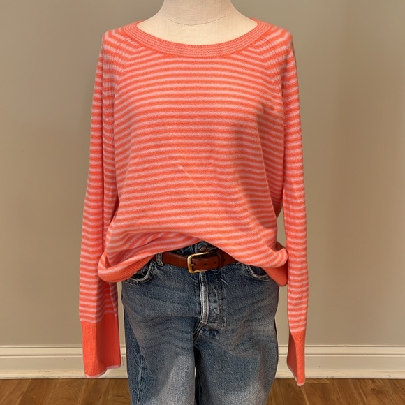 NEW! Seaspun Cashmere Stripe Crewneck sweater papaya passion and pale pink XL - Picture 1 of 10